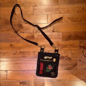 Ed Hardy Black Crossbody Pouch with Red Rose Patch